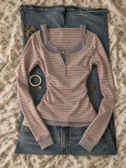 OOTD: Sleeveless Tank + Striped Knit Henley Top + Vintage Blue Flared Denim Jeans