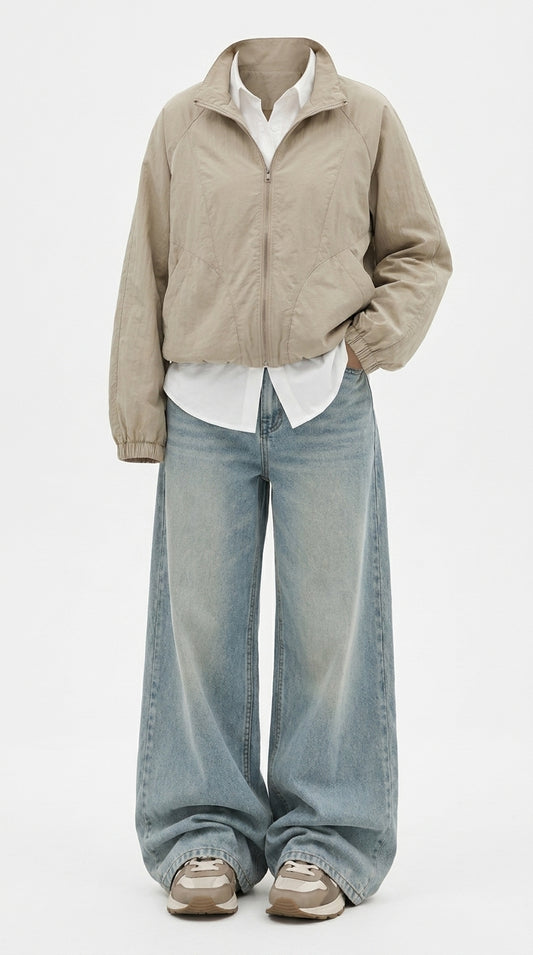 OOTD: Stand Collar Zipper Windbreaker Jacket + Embroidered High-Waist Wide-Leg Jeans - fairypeony