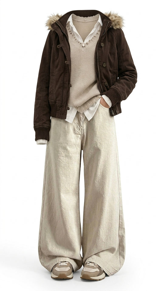 A full-body studio shot of a person wearing a dark brown corduroy hooded jacket with faux-fur trim, a beige knit sweater vest, a white collared shirt, and wide-leg beige trousers, paired with beige and brown sneakers, against a plain white background.