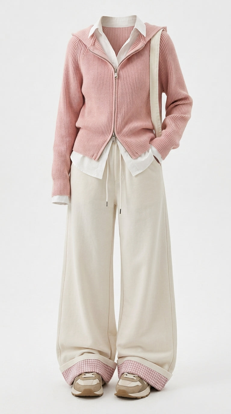 A model wearing a pink ribbed zip-up hoodie over a white collared shirt, paired with wide-leg cream trousers and beige sneakers, shot against a plain white studio background.
