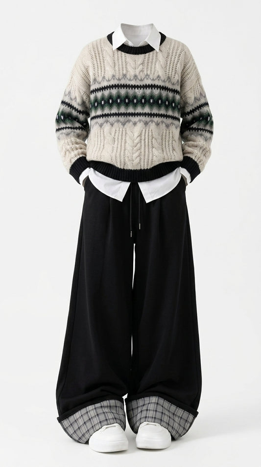 A person wearing a cream cable-knit sweater with black and gray Fair Isle style bands, a white collared shirt underneath, loose black wide-leg pants, and white sneakers, photographed against a plain light gray studio background.