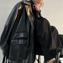 Oversized Black Faux Leather Jacket - fairypeony