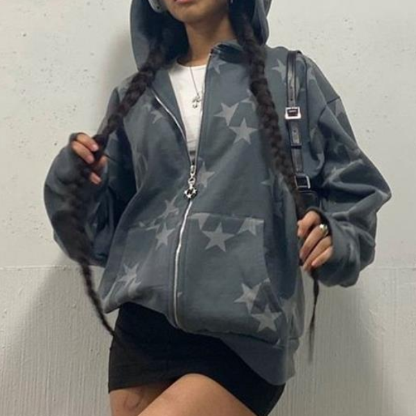 Oversized Star Print Zip Up Hoodie - fairypeony