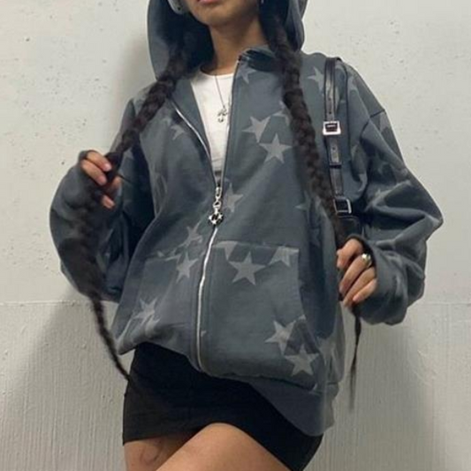 Oversized Star Print Zip Up Hoodie - fairypeony