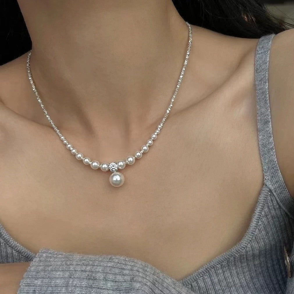 Pearl and Rhinestone Pendant Necklace - fairypeony
