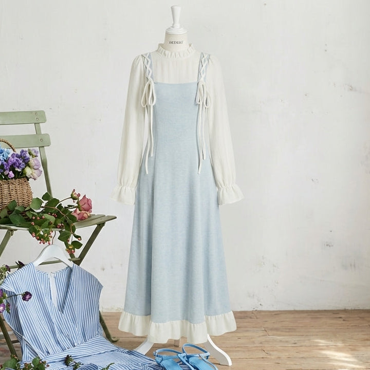 Aesthetic Lace Up Fake Two Piece Dress - fairypeony
