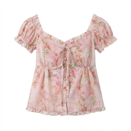 Pink Floral Bubble Short Sleeve Blouse