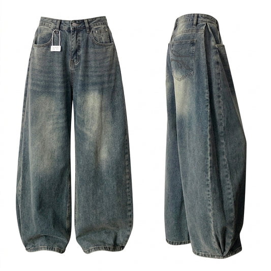 Wide-leg faded blue denim jeans shown from the front and side views on a plain white background.