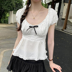 Polka Dot Print Aesthetic Bow Puff Short Sleeve Tee