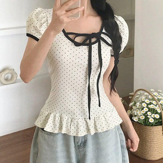 Polka Dot Print Front Tie Puff Short Sleeve Tee