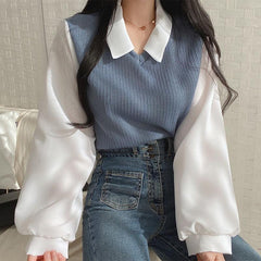 Polo Collar Patchwork Long Sleeve Blouse