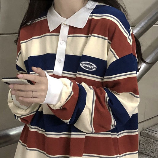 Polo Collar Stiped Oversized Long Sleeve Tee