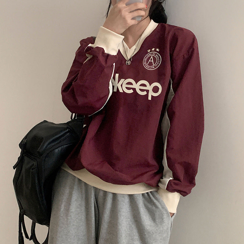 Preppy Contrast Color Letter Print V Neck Sweatshirt - fairypeony