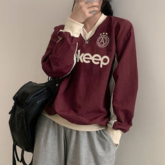Preppy Contrast Color Letter Print V Neck Sweatshirt - fairypeony