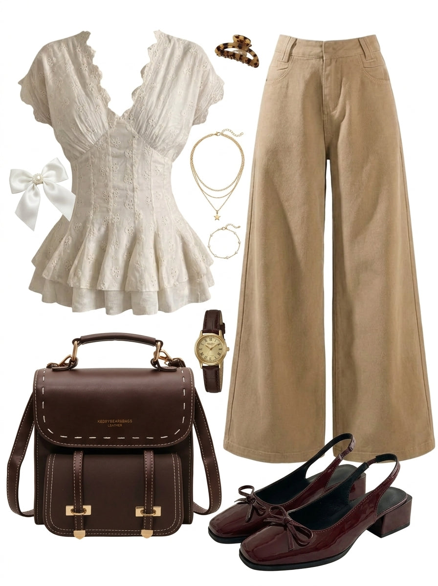 V-Neck Ruffled Blouse + Wide Leg Denim Pants + Mary Jane Sandals + PU Leather Backpack - fairypeony
