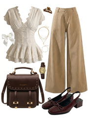 V-Neck Ruffled Blouse + Wide Leg Denim Pants + Mary Jane Sandals + PU Leather Backpack - fairypeony