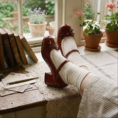 Aesthetic Red Mary Jane Lace Trim Shoes