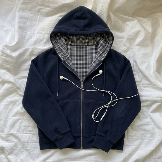Retro Chic Plaid Hooded Zipper Sweatshirt – Loose Fit 100% Cotton Hoodie in 5 Colours