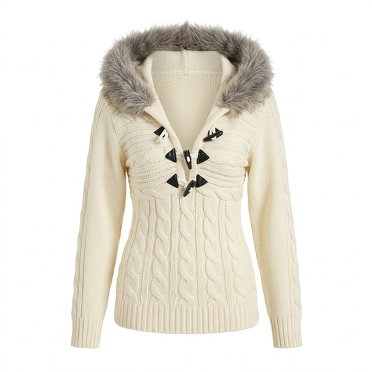 Retro Hooded Knit Sweater – Fur-Trim Toggle Button Cable Knit in Off-White S–XL