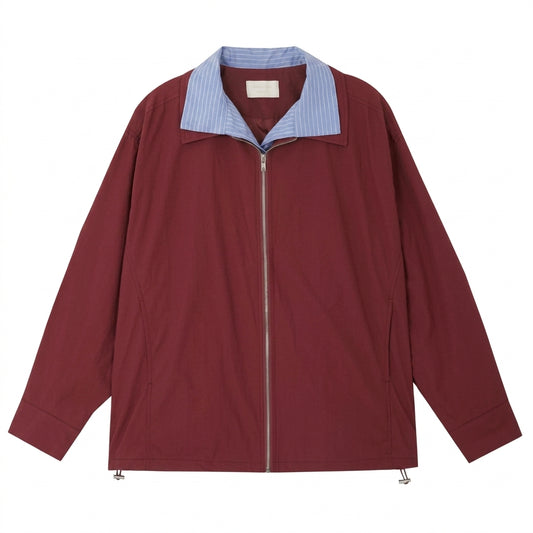 Retro Plaid Lining Loose Long-Sleeve Jacket – Zip-Up Lapel Coat in Red and Royal Blue