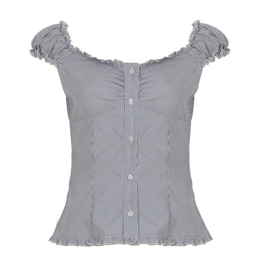 Gray striped blouse with ruffled shoulders on a white background