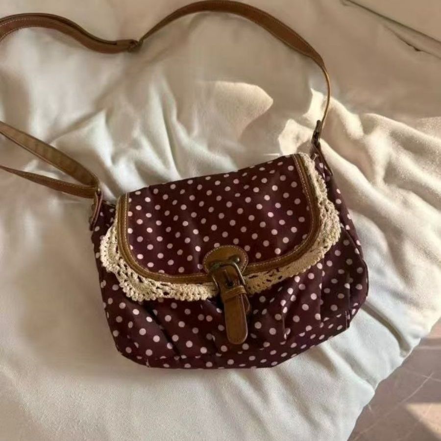 Retro Polka Dot Crossbody Bag with Lace Trim - fairypeony