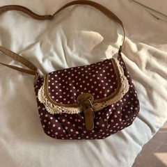 Retro Polka Dot Crossbody Bag with Lace Trim - fairypeony