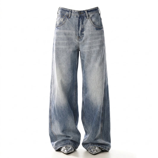 Retro Wide-Leg Cotton Denim Trousers – Loose Straight Mid-Rise Vintage Jeans