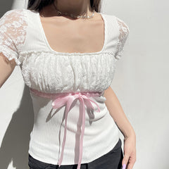 Ribbon Bowknot Lace Patchwork Tee