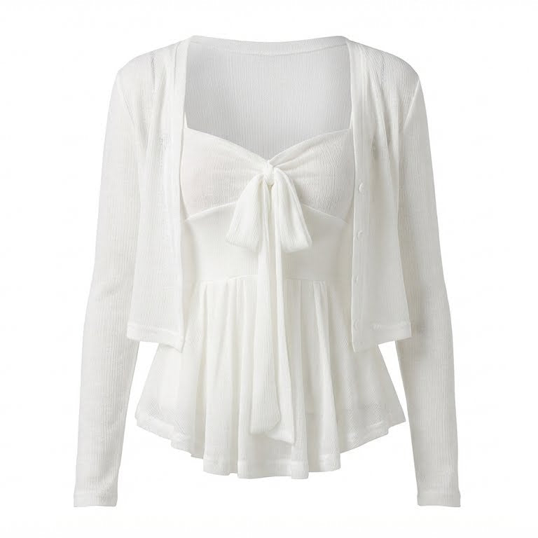 Ribbon Ruffle Camisole Cardigan Set - fairypeony