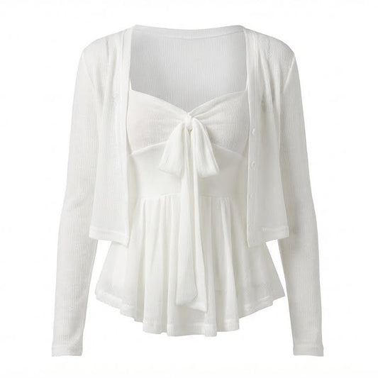 Ribbon Ruffle Camisole Cardigan Set - fairypeony