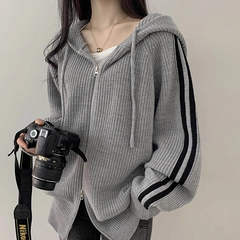 Vintage Striped Sleeve Hooded Zip Up Cardigan