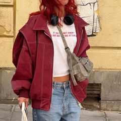 Stitching Details Oversized Leather Jacket