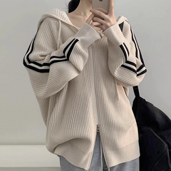 Vintage Striped Sleeve Hooded Zip Up Cardigan