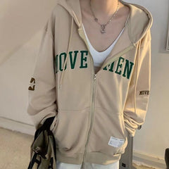 Letter Embroidery Oversized Zip Up Hoodie - fairypeony