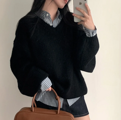 Solid Color V-Neck Loose Sweater