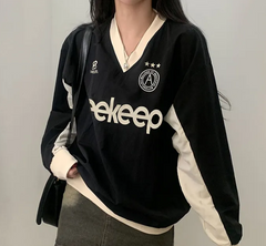 Preppy Contrast Color Letter Print V Neck Sweatshirt - fairypeony