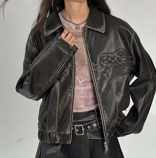 Bow Embroidery Piping Details Leather Jacket - fairypeony