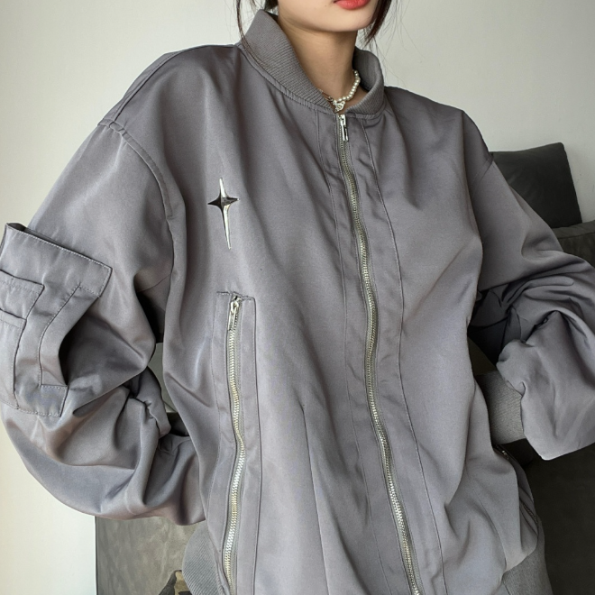 Metal Star Oversized Zip Up Bomber Jacket - fairypeony