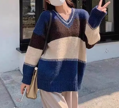 V-Neck Color Block Striped Sweater - fairypeony