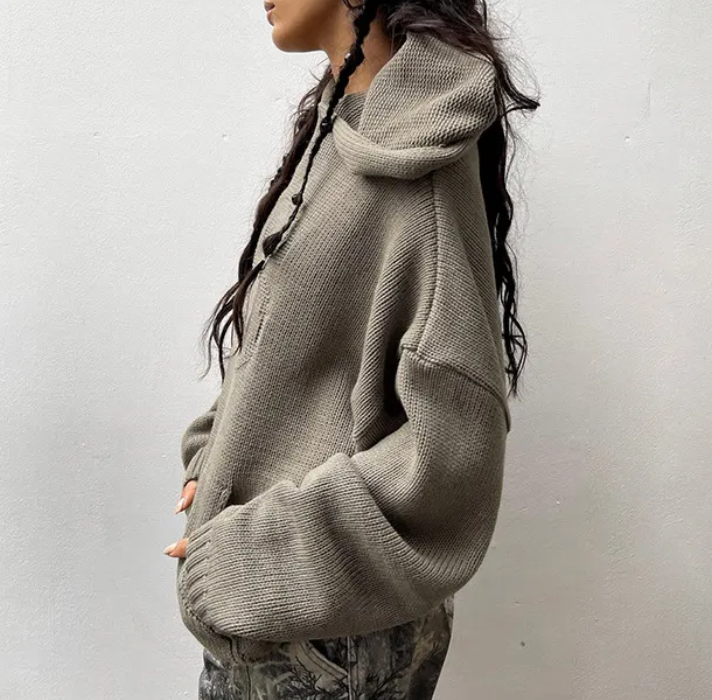 Letter Jacquard Hooded Baggy Knit Sweater - fairypeony