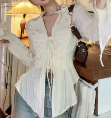 Front Tie Ruffle Long Sleeves Blouse - fairypeony