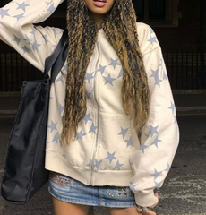 Oversized Star Print Zip Up Hoodie - fairypeony