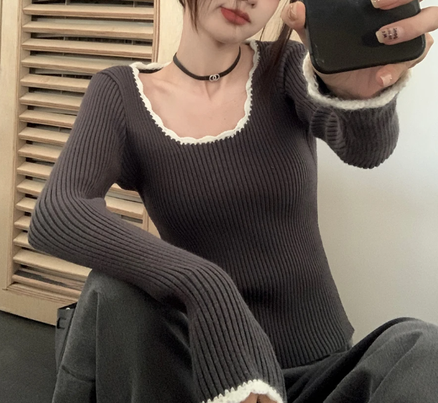 Contrast Color Trim Slim Long Sleeve Knit Top - fairypeony