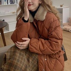 Argyle Quilted Plush Collar Splice Jacket - fairypeony