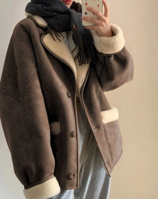 Suede Lambswool Lapel Neck Jacket - fairypeony