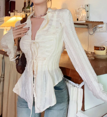 Front Tie Ruffle Long Sleeves Blouse - fairypeony