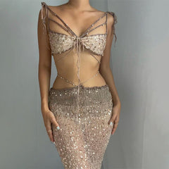 Sequin Strappy Knit Tank Top Tulle Skirt Suit - fairypeony