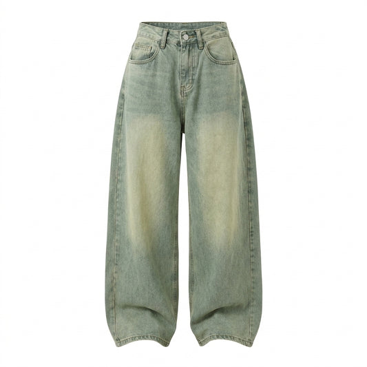 Side-Pleated Wide-Leg Denim Pants – Mid-Waist Distressed Wash Straight Jeans