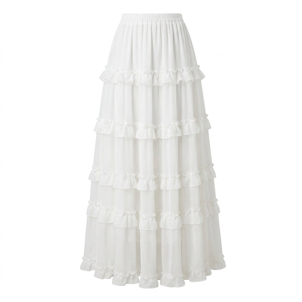 French Ruffled Flared Chiffon Maxi Skirt - fairypeony